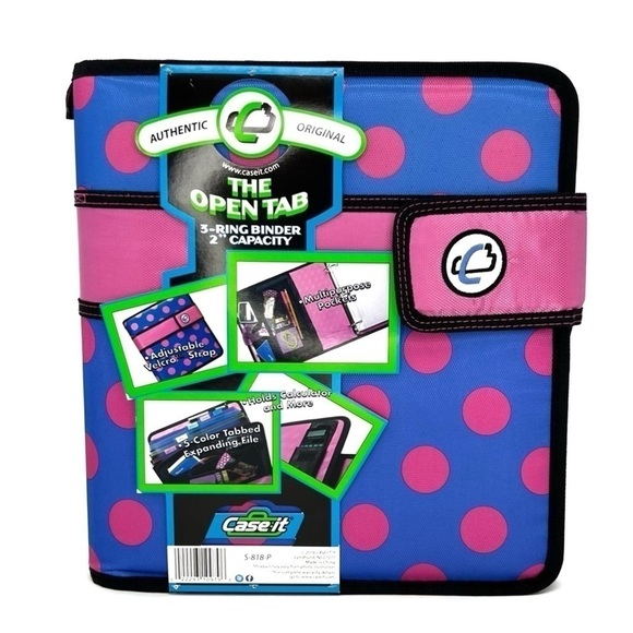 Case-It “The Open Tab” 2” Three Ring Binder Blue with Pink Polka Dots New NWT - Picture 1 of 6